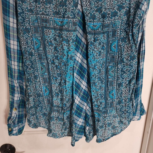 Tolani Womens Flannel Blue Green Plaid Slubbed Cotton Pleated Back Blouse Top M - Picture 11 of 11